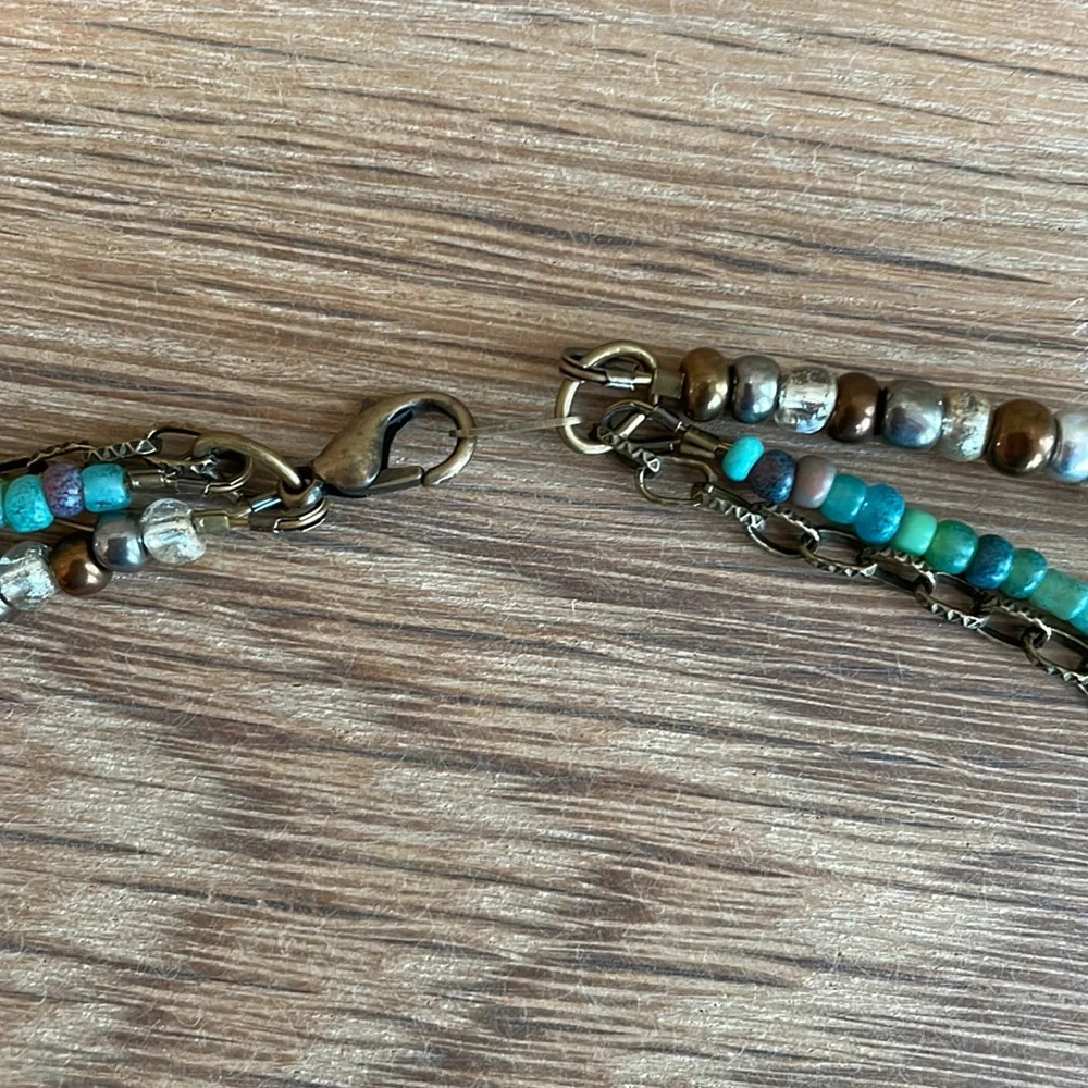 HAND CRAFTED NECKLACE Seed Beads Bronze Pewter Turquoise Mix Antique Brass Boho - Picture 7 of 10